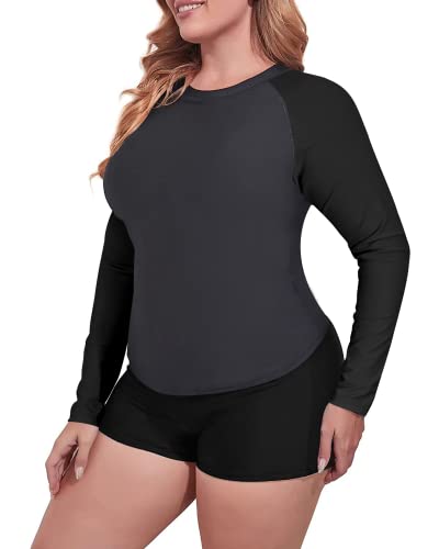 Women's Plus Size Athletic Rash Guard Tankini Boyshorts-Grey And Black