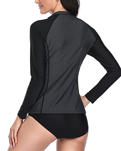 Zipper Front Women's Rash Guard Swimsuit Bottom-Grey And Black