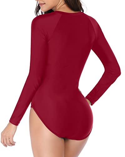 Long Sleeve One Piece Rash Guard Bathing Suit For Women Zipper-Red