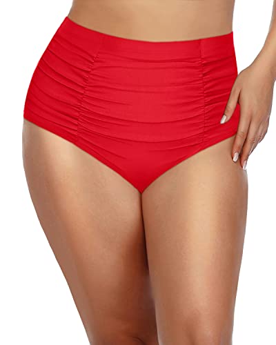 Vintage High Waisted Swim Bottom Tummy Control For Plus Size Women-Red