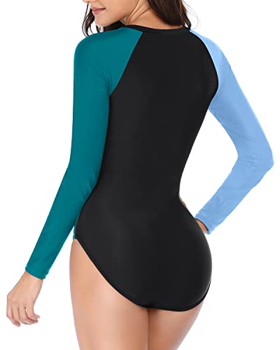 Zipper Women Rash Guard One Piece Swimsuit Upf 50+-Green Blue