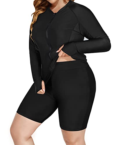 Zip Front Rash Guard Boyleg Shorts For Women-Black