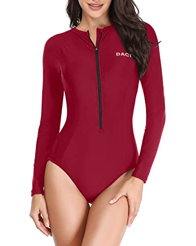 Long Sleeve One Piece Rash Guard Bathing Suit For Women Zipper-Red