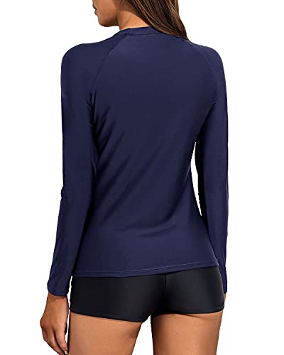 Trendy Women's Boyshort Swimsuit Set Long Sleeve Rash Guard Top-Navy Blue