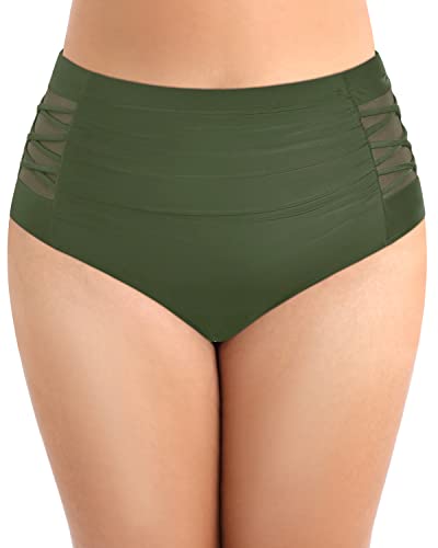 Sexy And Slimming Plus Size Ruched Bikini Bottom Mesh-Army Green