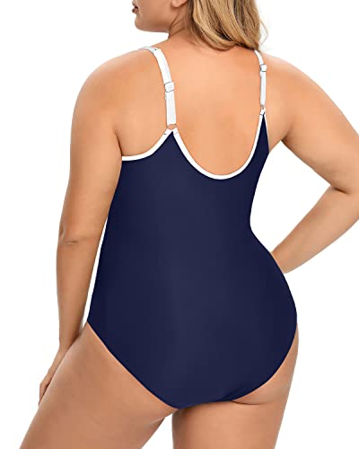 Ruched Tummy Control Plus Size One Piece Zipper Swimsuits-Navy Blue