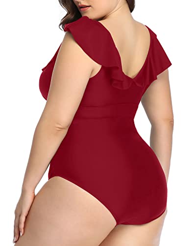 Slimming Plus Size V-Neck Bathing Suit For Women-Maroon