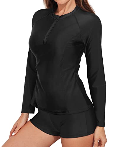 Women's Long Sleeve Zippered Rash Guard And Boyshorts Bathing Suit-Black