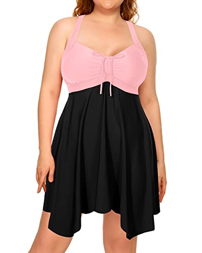 Women's Retro Elegant Skirted Plus Size Two Piece Swimdress-Pink And Black