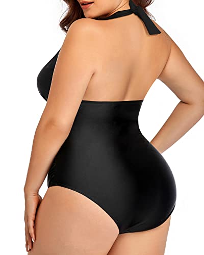 Ruched Tummy Control V Neck Plus Size One Piece Swimsuits-Black