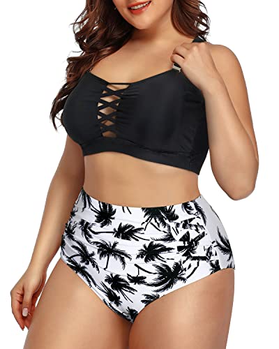 Hollow Out High Waisted Two Piece Bathing Suit For Women-Black Palm Tree