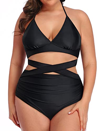 2 Piece Sexy V-Neck Plus Size Bikini Set Tummy Control Bottoms-Black