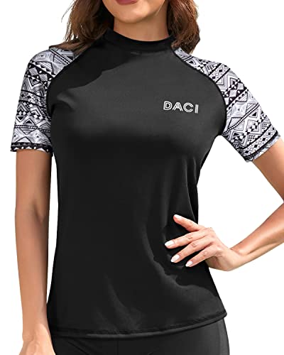 Women's Crew Neck Swimsuit Top Raglan Sleeves Short Sleeve Rashguard Top Swim Shirt-Black White