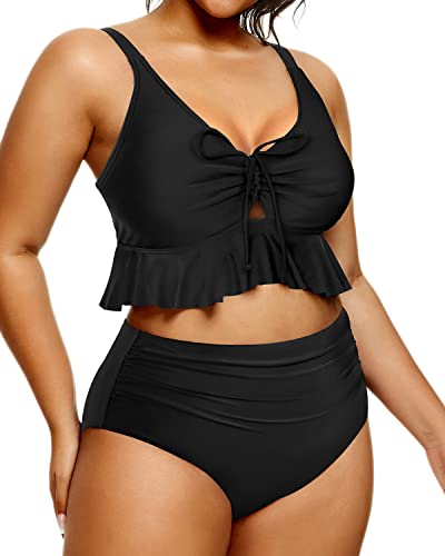 Plus Size Tummy Control High Waisted Ruched Bikini-Black