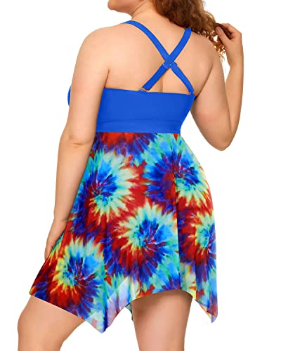 Irregular Hem Mesh Tankini Swim Dress For Plus Size Women-Tie Dye