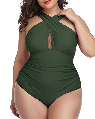 Vintage Floral Plus Size Swimwear One Piece Keyhole-Army Green