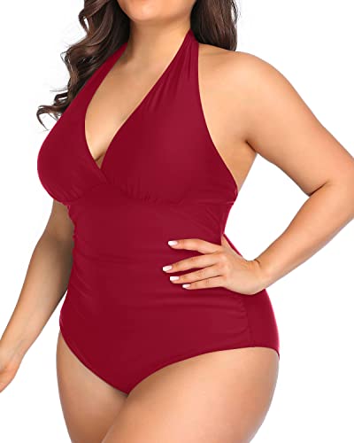 Non-Wired Padded Halter One Piece Swimwear For Women-Red