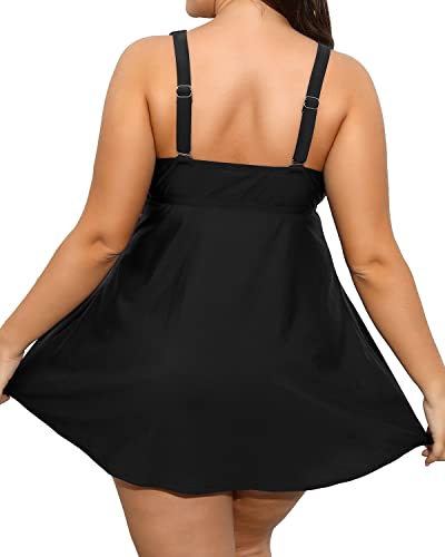 Flowy Plus Size Swim Dress Tummy Control Boyshorts-Black