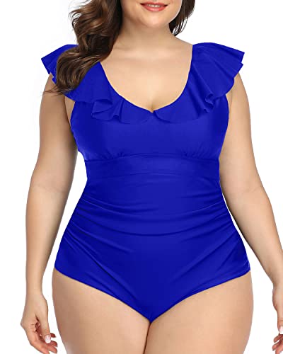 Cute Falbala V-Neck One Piece Swimsuits For Women-Royal Blue