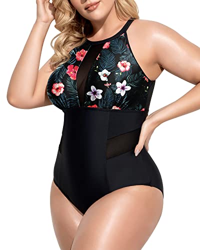 Tummy Control Monokini Bathing Suits For Plus Size Women-Black Floral