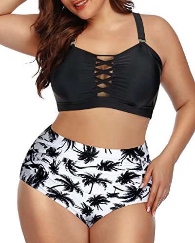 Hollow Out High Waisted Two Piece Bathing Suit For Women-Black Palm Tree