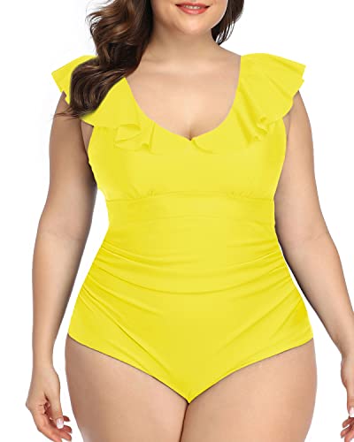 Tummy Control Plus Size V-Neck Swimwear-Neon Yellow