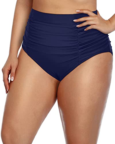 Stylish Plus Size High Waisted Retro Swim Shorts For Women-Navy Blue