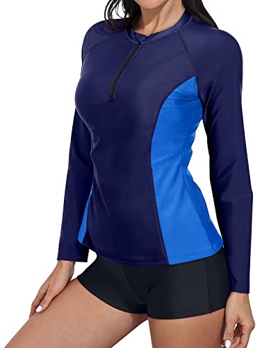 Women's Zipper Front Long Sleeve Rash Guard Boy Shorts-Blue