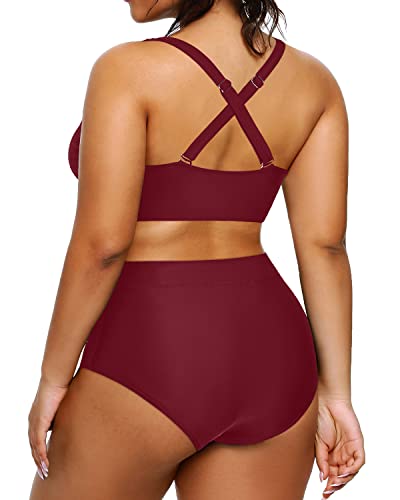 Women Plus Size Two Piece Swimsuit High Waisted Bikini Bottoms-Maroon