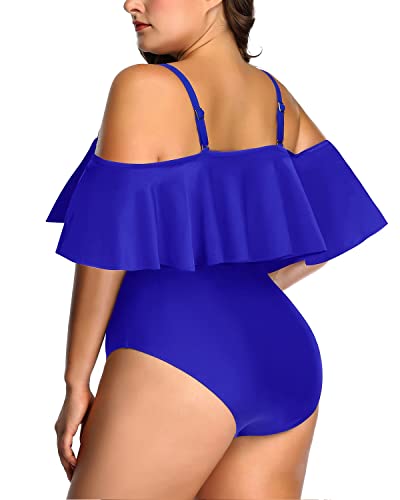 Adjustable Strap Flounce Top Plus Size Swimsuit For Women-Royal Blue