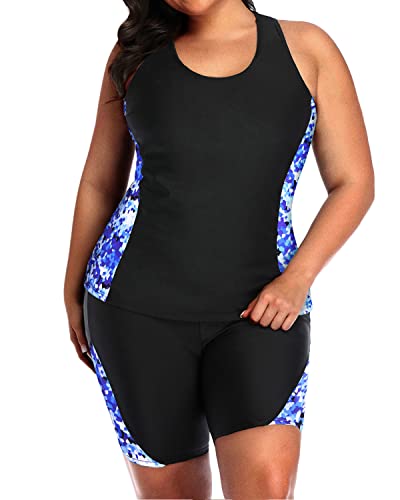 Women Scoop Neck Plus Size Racerback Tankini Set Boyshorts-Black And Geometry