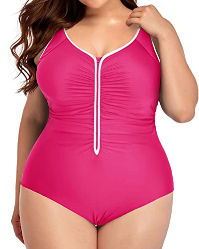 Plus Size Ruched Tummy Control Zipper Swimsuits-Neon Pink