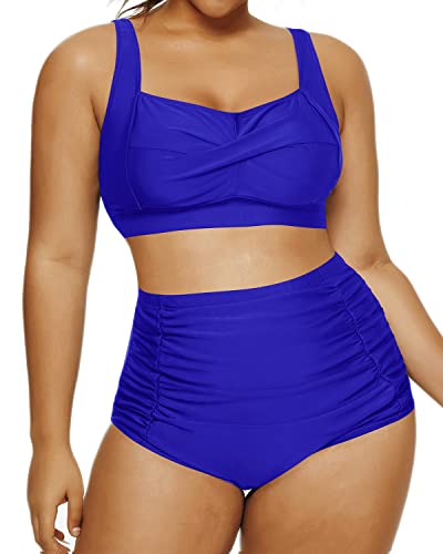 Flattering High Waisted Two Piece Swimsuit Open Back Retro Bikini-Royal Blue