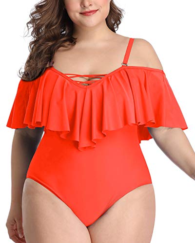 Elegant Flounce Off Shoulder One Piece Swimsuits-Neon Orange