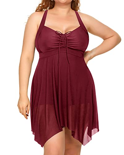 Slimming Plus Size Mesh Swim Dress Boyshorts Long Torso Swimsuits-Maroon