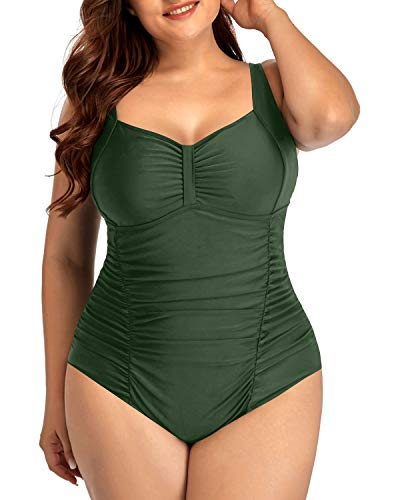 Ruched Backless Plus Size One-Piece Bathing Suit-Olive Green