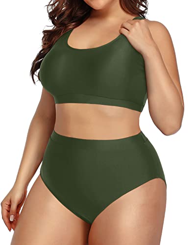 Modest Sporty Bikini Swimsuit Unique Shoulder Straps For Plus Size-Army Green