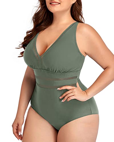 V-Neck Backless See Through Plus Size One Piece Swimwear-Olive Green