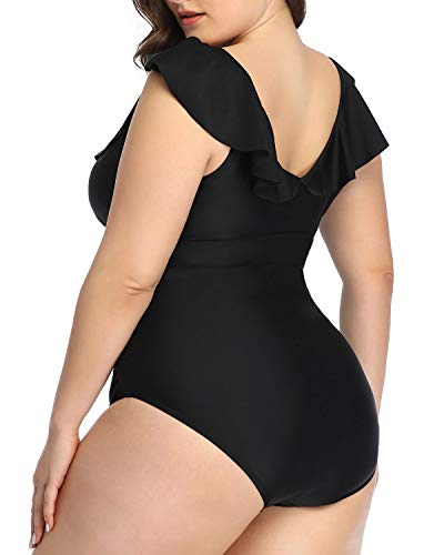 U-Shaped Back Plus Size One Piece Swimsuits For Curvy Women-Black