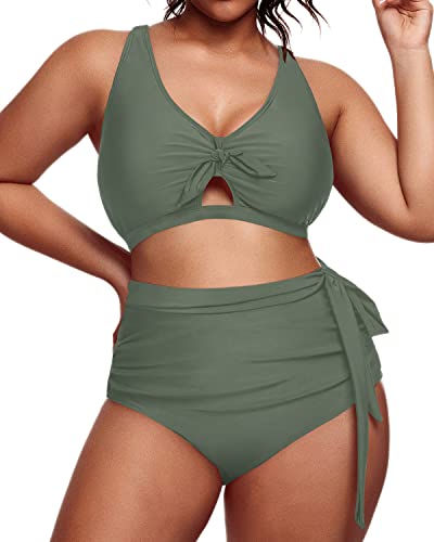 Full Coverage Ruched Plus Size Bikini Swimsuit-Olive Green