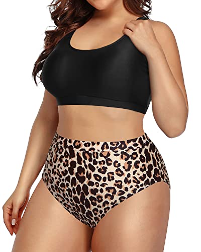 Athletic 2 Piece Swimsuit Removable Sports Bra For Plus Size-Black And Leopard