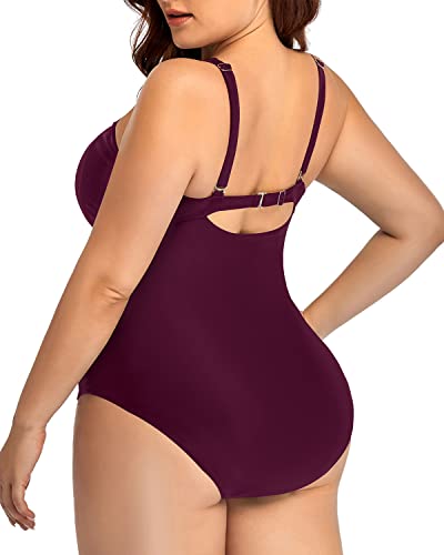 Tummy Control Retro Push Up Plus Size Swimsuit-Maroon