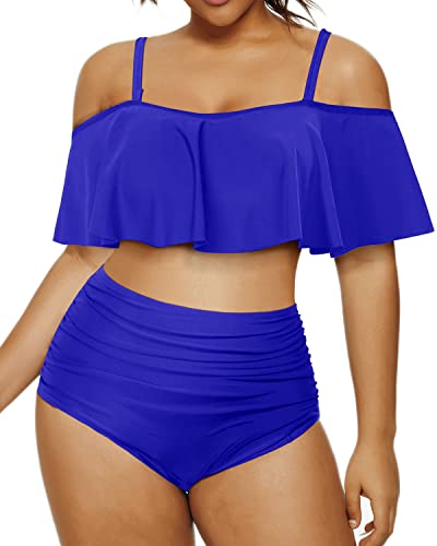 Trendy Two Piece Swimsuit Flounce Ruffle Top For Plus Size Women-Royal Blue