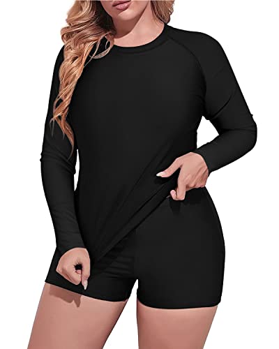 Plus Size Crew Neck Rash Guard Tankini Boyleg Bottom For Women-Black