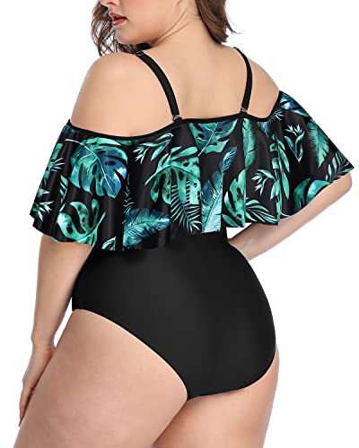 Sexy Lace-Up Off Shoulder One Piece Swimsuits-Black And Green Leaves