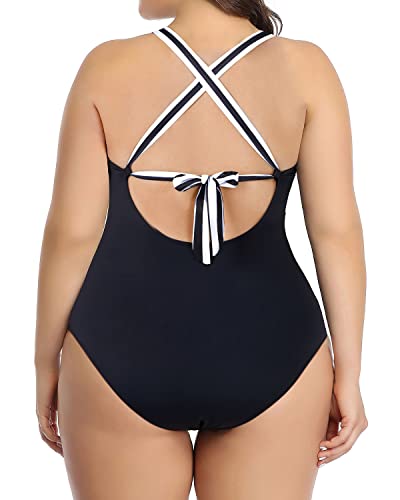 Chic High Neck Plunge Swimsuit Mesh Cutouts For Plus Size Women-Black And White Stripe