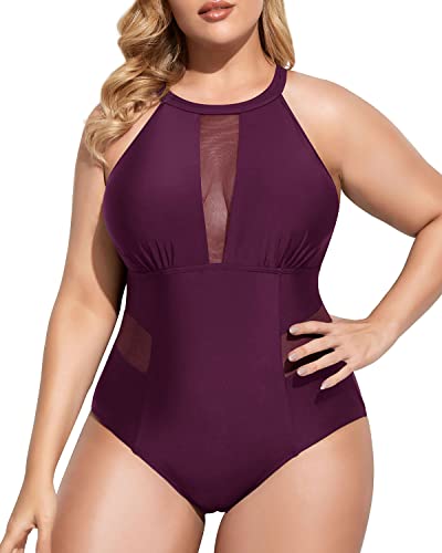 Stylish Open-Back Plus Size One Piece Swimsuit For Curvy Women-Maroon