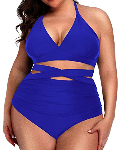 Chic Plus Size Bathing Suit Halter Top And High Waist Bottoms-Royal Blue