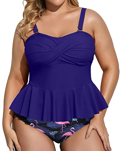 Adjustable Strap Peplum Tankini Top High Waisted Tummy Control Bottom Plus Size Swimsuit-Blue Flamingo