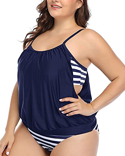 Casual Floral Print Tankini Plus Size Sporty 2 Piece Tankini-Blue Stripe